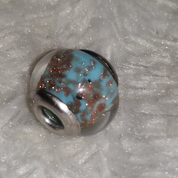 Light Blue Murano Glass and Sterling Silver Bead/Charm with Copper Flecks - Picture 4 of 7
